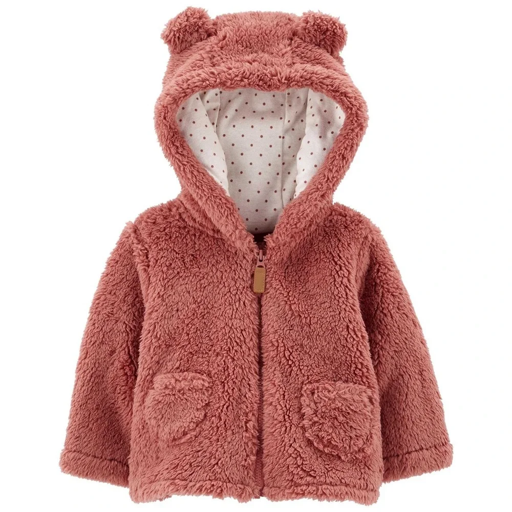 Carter's Sherpa Jacket Baby Girl 12M Dark Pink New Hooded Ear Detail Solid